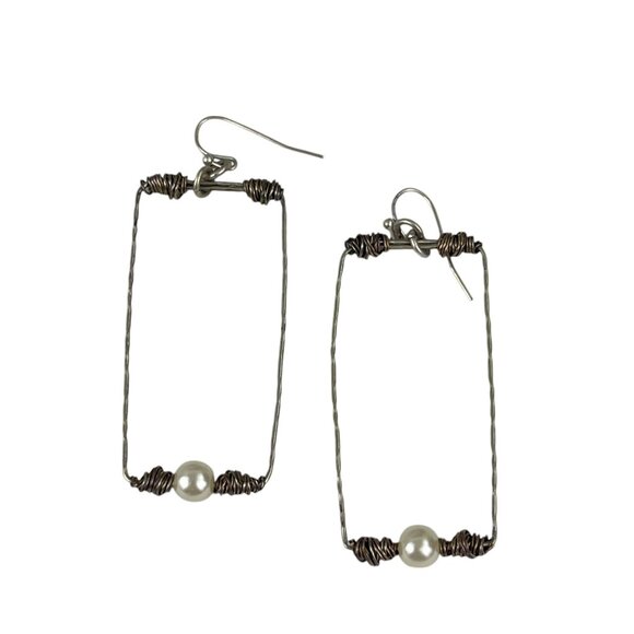 Handcrafted Wire & Pearl Rectangular Dangle Earrings - Picture 2 of 8